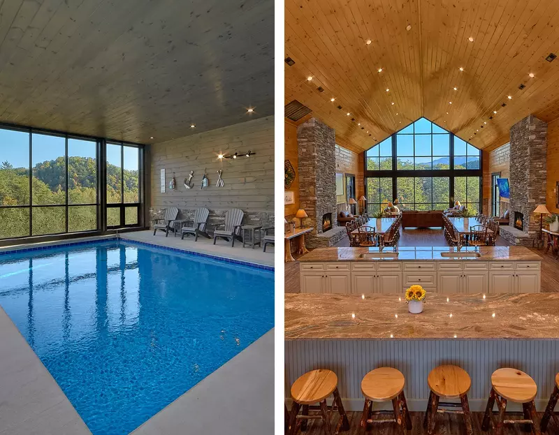 indoor pool and kitchen in cabin