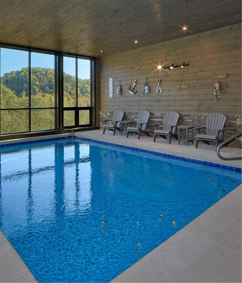 indoor pool inside a large cabin rental