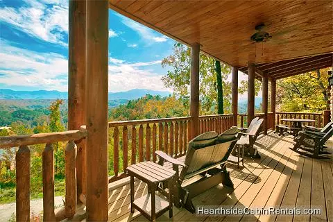 Cabin near Gatlinburg with covered deck and mountain view A View For All Seasons