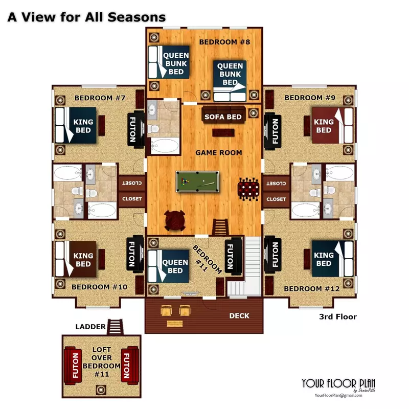 Third floor layout plan of A View For All Seasons Cabin near Gatlinburg