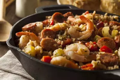 jambalaya in a cast iron skillet