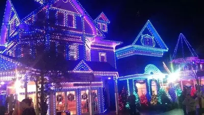 Brilliant holiday lights at Dollywood during the Smoky Mountain Christmas Festival.