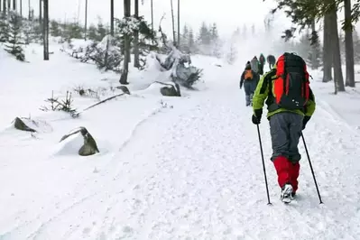 A group of people on a winter hike.