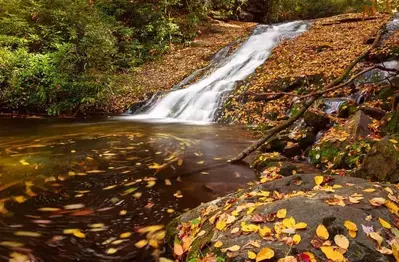 Waterfall with fall leaves near Pigeon Forge.