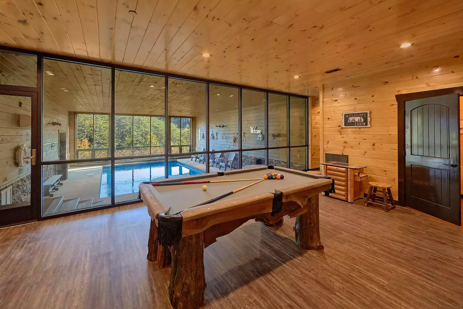 large cabin with game room and indoor pool